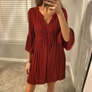 Knox Rose | Red Crochet Trim Bell Sleeve Shift Dress